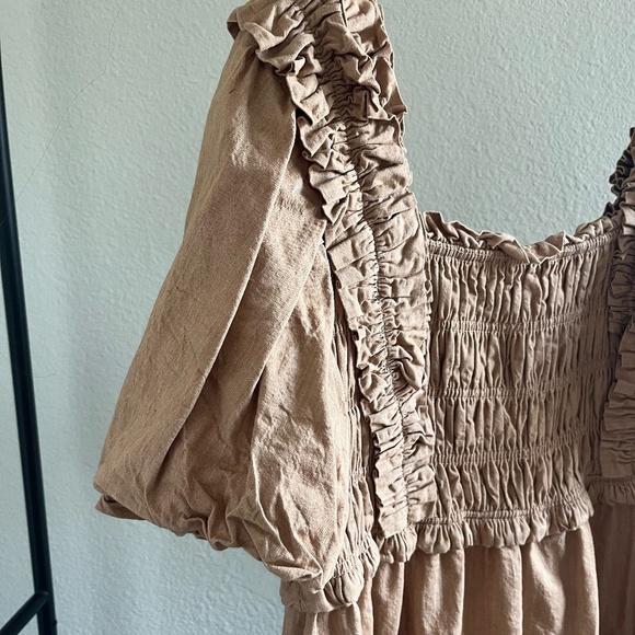 ENGLISH FACTORY | Fall Ruffle Square Neck Mini Dress in Tan | Size Small - Picture 4 of 10